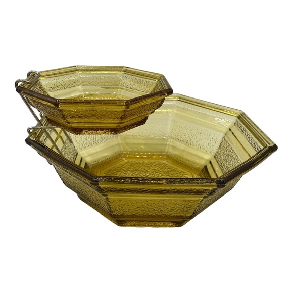 Vintage Anchor Hocking Amber Pebbled Glass Octagon Shape MCM Chip & Dip Bowl Set - Picture 3 of 12